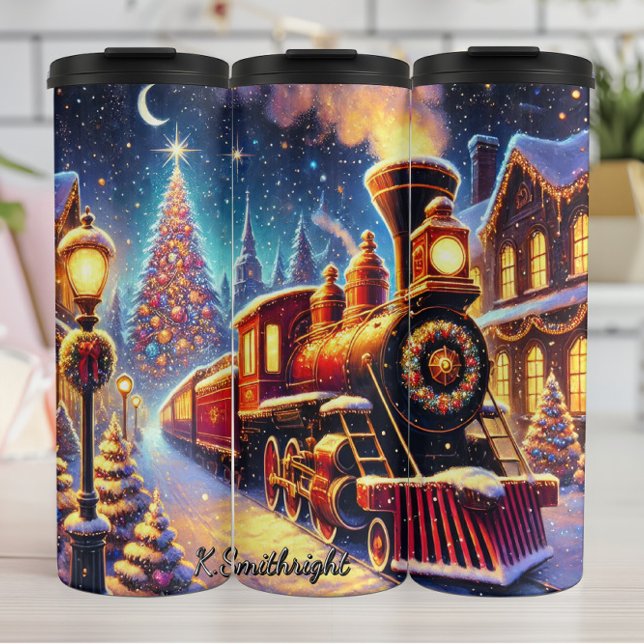 Festive Red Train Snowy Village Night Thermal Tumbler (Creator Uploaded)