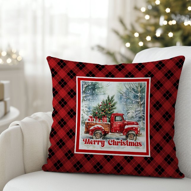 Festive red truck Christmas scene rustic bold  Throw Pillow (Festive red truck Christmas scene rustic bold pillow tag

)