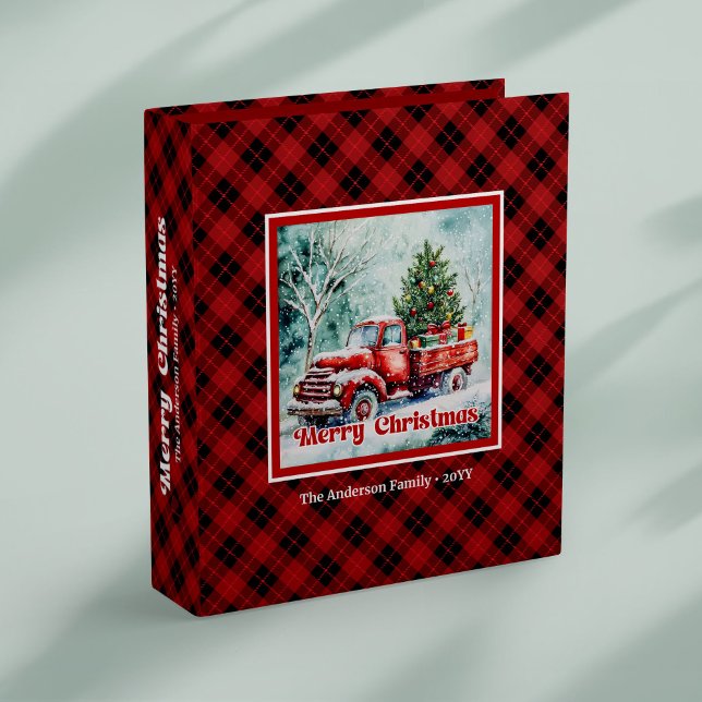 Festive red truck Christmas scene rustic plaid   3 Ring Binder (Festive red truck Christmas scene rustic plaid binder charm

)
