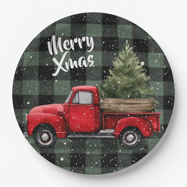 Festive Red Truck with Christmas Tree Paper Plates (Front)