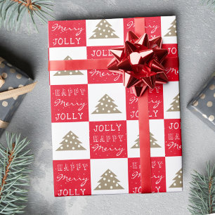 Festive Red Typography Christmas Tree Wrapping Paper