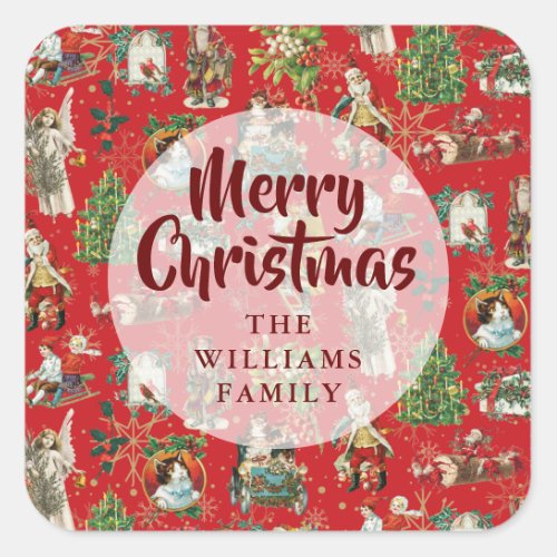 Festive Red Vintage Merry Christmas Family Name Square Sticker