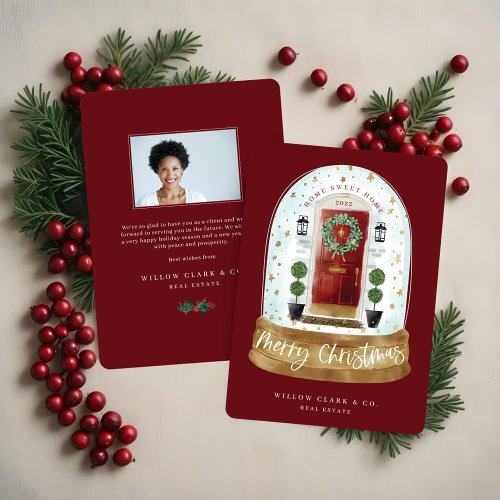 Festive Red Watercolor Door Snow Globe Business Ho Holiday Card