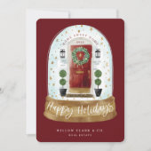 Festive Red Watercolor Door Snow Globe Business Holiday Card (Front)