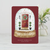 Festive Red Watercolor Door Snow Globe Business Holiday Card (Standing Front)