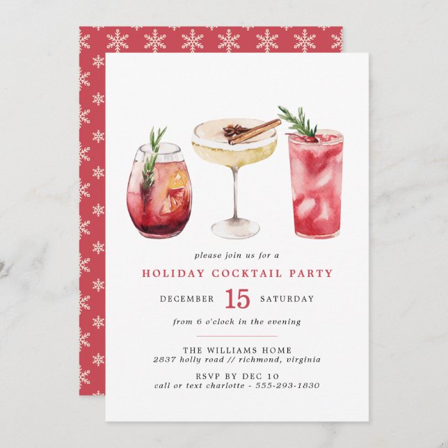 Festive Red | Watercolor Holiday Cocktail Party Invitation (Front/Back)