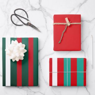 Festive Red White and Green Striped Christmas Wrapping Paper Sheets
