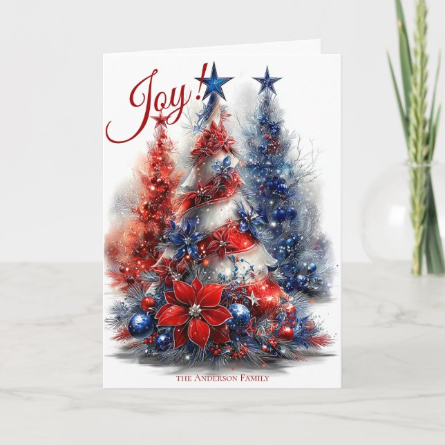 Festive Red White Blue Christmas Trees  Card (Front)