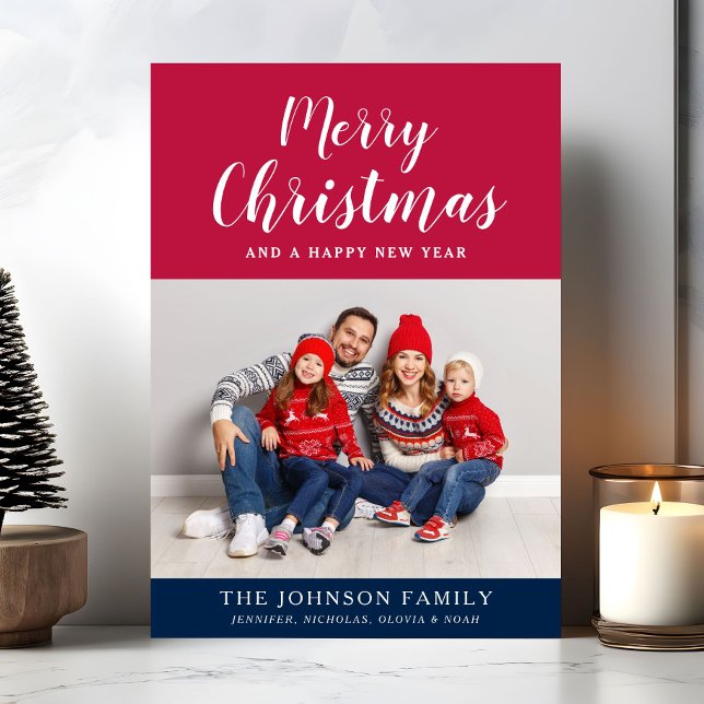 Festive Red White Blue Script Merry Christmas  Holiday Card (Festive Red White Blue Script Merry Christmas Holiday Card)