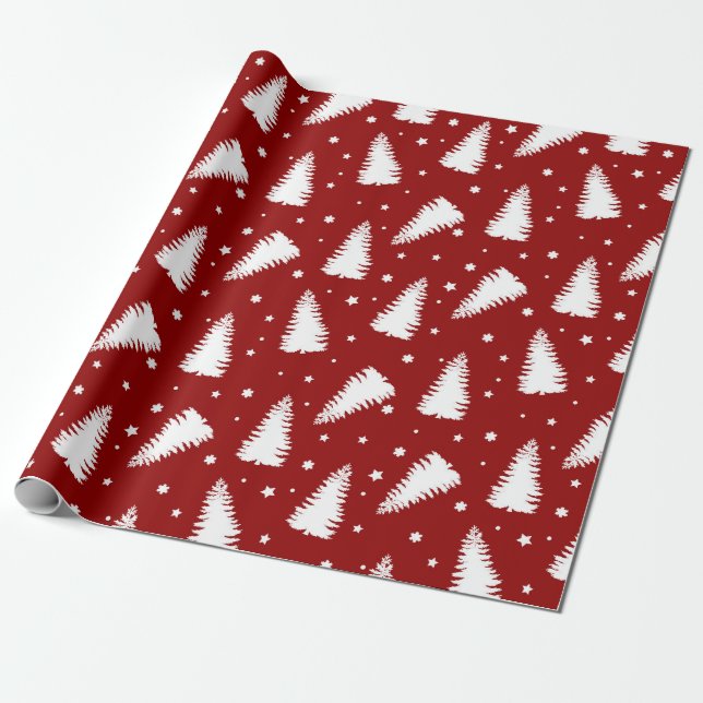 Festive Red White Christmas Tree Snowflake Pattern Wrapping Paper (Unrolled)