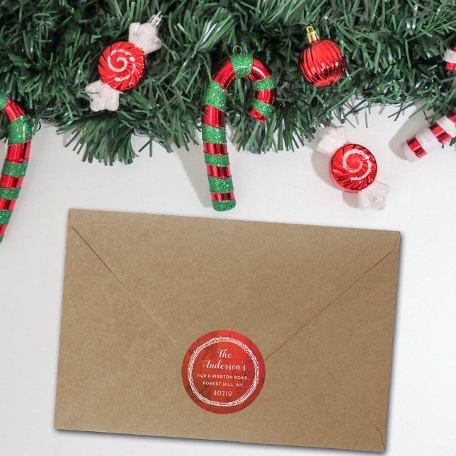 Festive Red & White Custom Return Address Classic Round Sticker (Creator Uploaded)