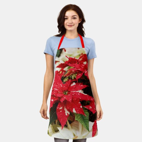 Festive Red White Floral Poinsettia Flowers Apron