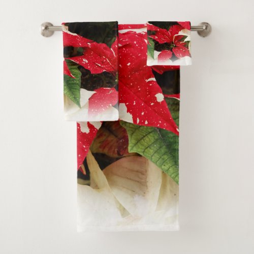 Festive Red White Floral Poinsettia Flowers Bath Towel Set