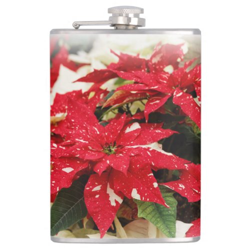 Festive Red White Floral Poinsettia Flowers Flask