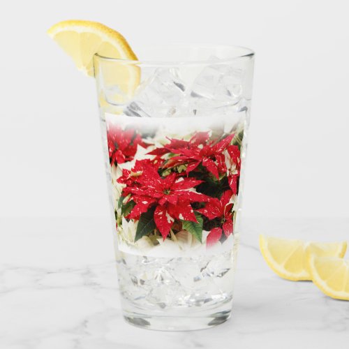 Festive Red White Floral Poinsettia Flowers Glass