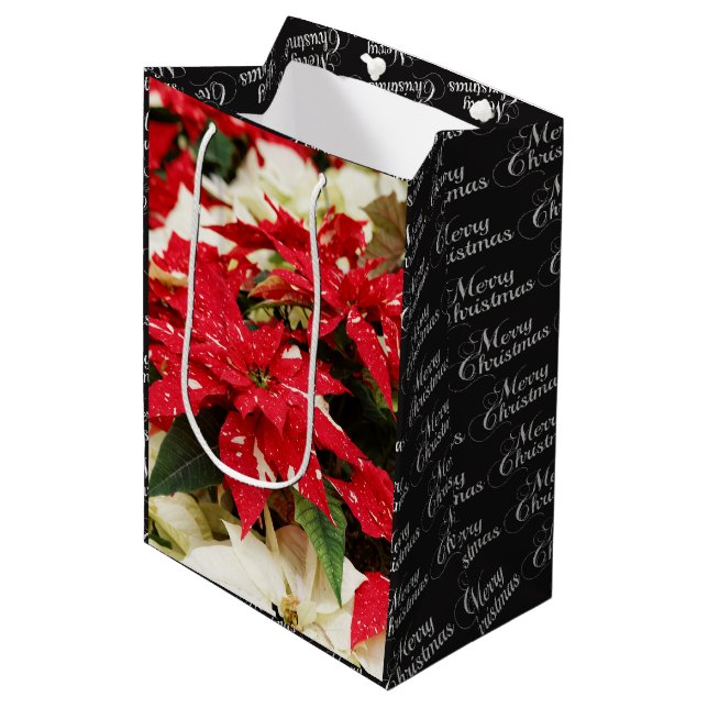Festive Red White Floral Poinsettia Flowers Medium Gift Bag (Front Angled)