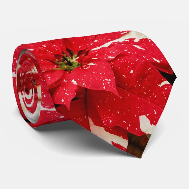 Festive Red White Floral Poinsettia Flowers Neck Tie (Rolled)
