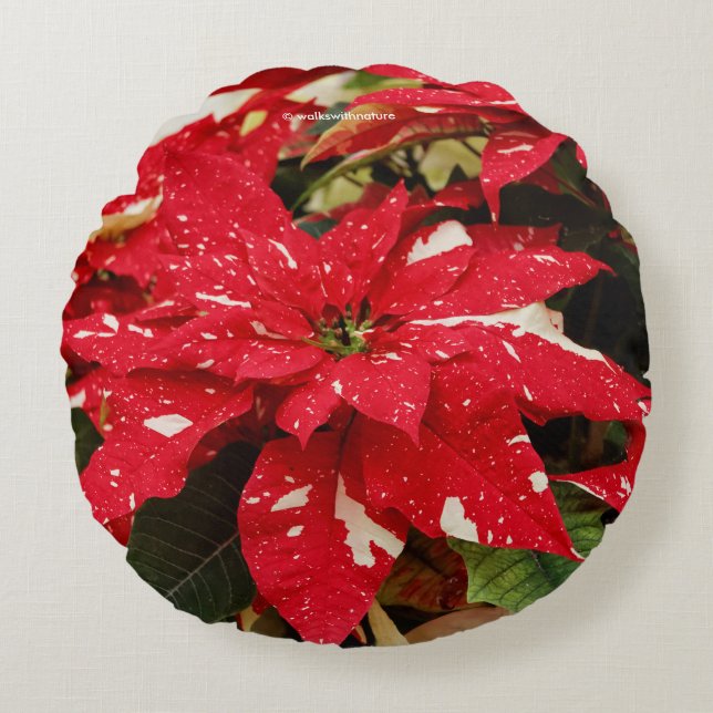 Festive Red White Floral Poinsettia Flowers Round Pillow (Front)
