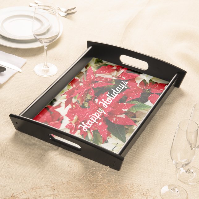 Festive Red White Floral Poinsettia Flowers Serving Tray (Front)