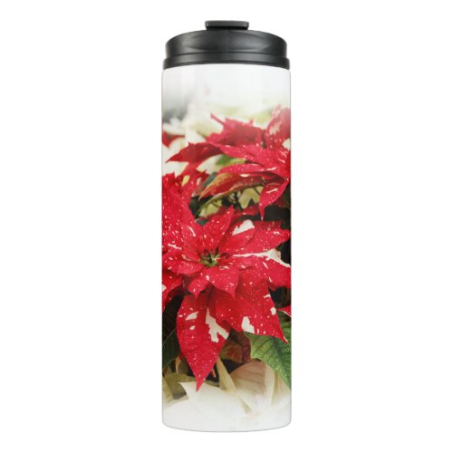 Festive Red White Floral Poinsettia Flowers Thermal Tumbler