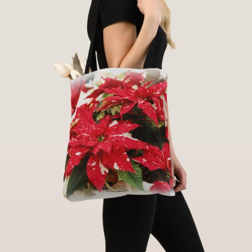 Festive Red White Floral Poinsettia Flowers Tote Bag