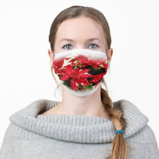 Festive Red White Floral Poinsettias Adult Cloth Face Mask (Worn)