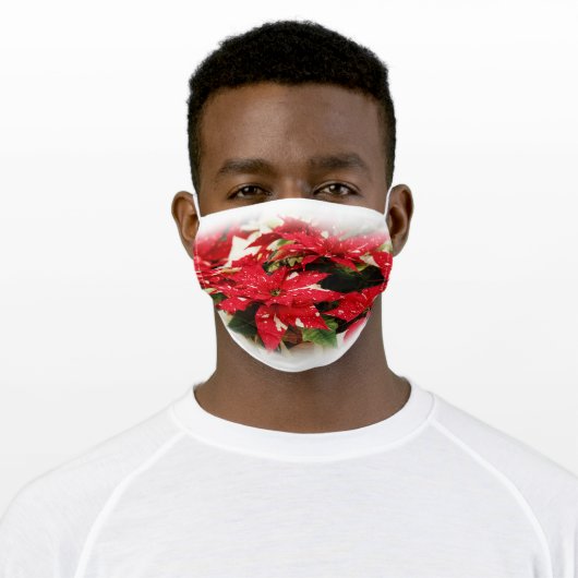 Festive Red White Floral Poinsettias Adult Cloth Face Mask (Worn)