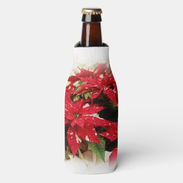 Festive Red White Floral Poinsettias Bottle Cooler (Bottle Front)