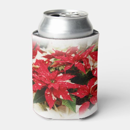 Festive Red White Floral Poinsettias Can Cooler