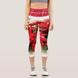 Festive Red White Floral Poinsettias Capri Leggings