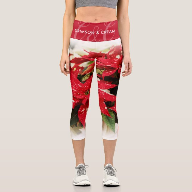 Festive Red White Floral Poinsettias Capri Leggings (Front)