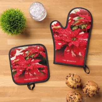 Festive Red White Floral Poinsettias Christmas Mitt & Potholder Set