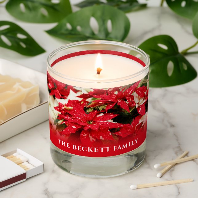 Festive Red White Floral Poinsettias Christmas Scented Candle (Lit)
