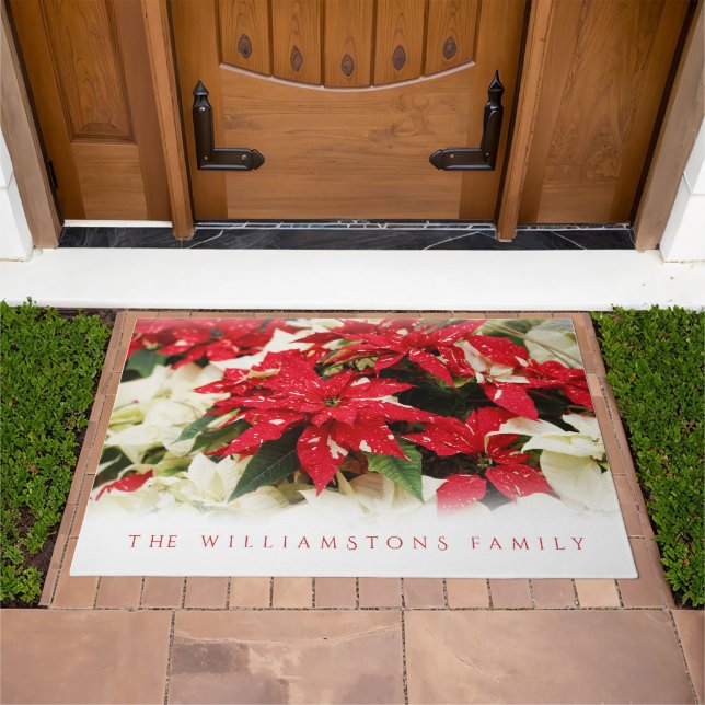 Festive Red White Floral Poinsettias Doormat (Outdoor)