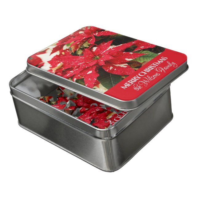 Festive Red White Floral Poinsettias Jigsaw Puzzle (Lid Open)