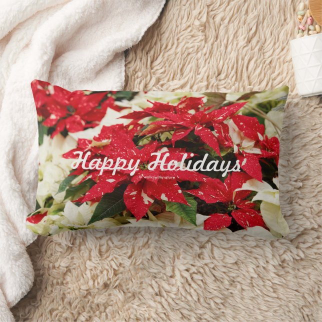 Festive Red White Floral Poinsettias Lumbar Pillow (Blanket)