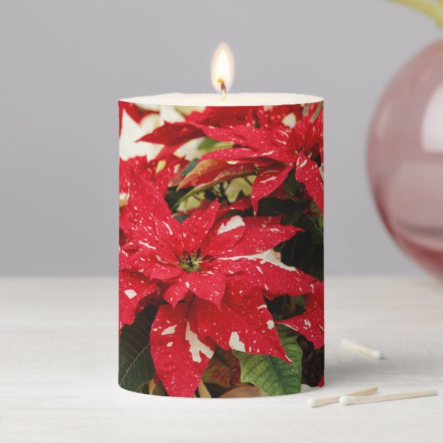 Festive Red White Floral Poinsettias Pillar Candle (In Situ)