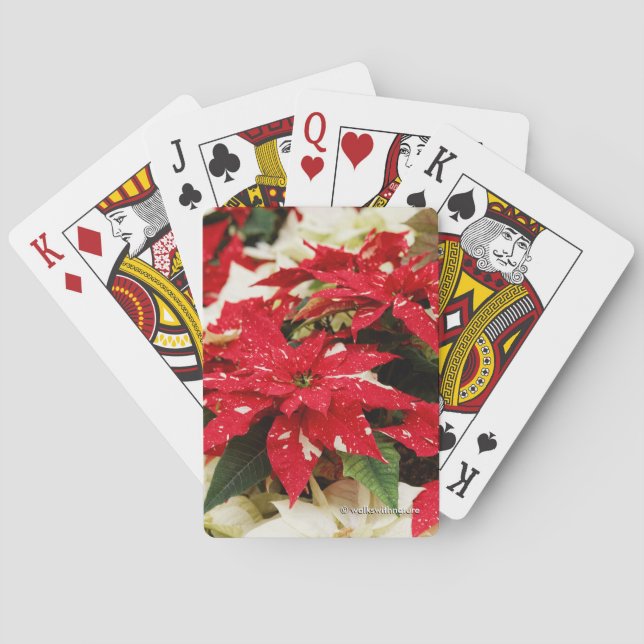 Festive Red White Floral Poinsettias Poker Cards (Back)
