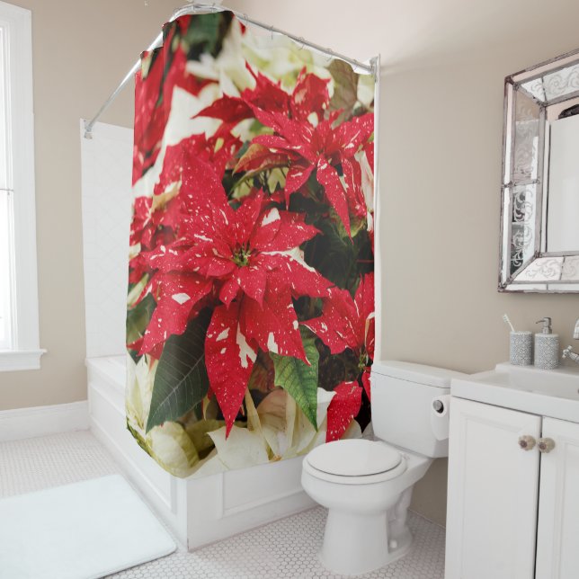 Festive Red White Floral Poinsettias Shower Curtain (In Situ)