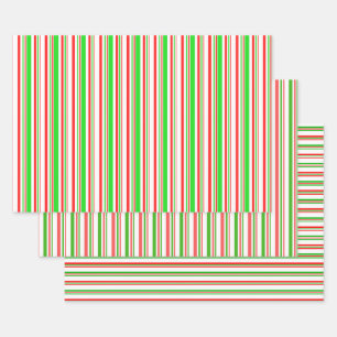 Festive Red, White, Green Christmas Style Lines Wrapping Paper Sheets