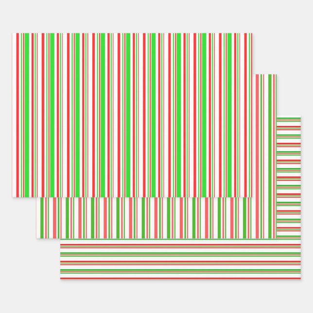Festive Red, White, Green Christmas Style Lines Wrapping Paper Sheets (Set)