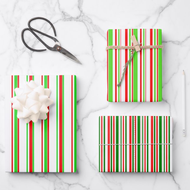Festive Red, White, Green Christmas Style Patterns Wrapping Paper Sheets (Front)