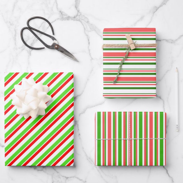 Festive Red, White, Green Christmas Style Stripes Wrapping Paper Sheets (Front)