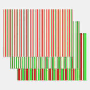 Festive Red, White, Green Christmas Themed Lines Wrapping Paper Sheets