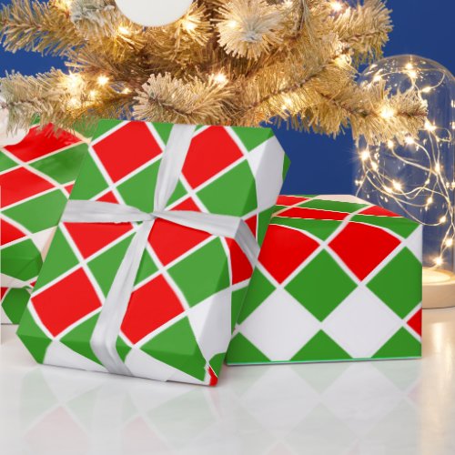 Festive Red White Green Diamond Squares Checkered Wrapping Paper