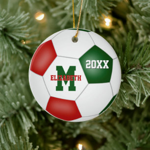 festive red white green girls boys keepsake soccer ceramic ornament