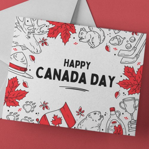 Festive Red_White Illustrative Canadian Symbols Holiday Postcard