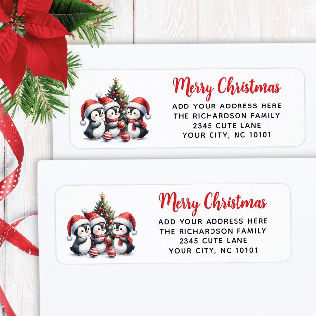 Festive Red White Merry Christmas Cute Penguins Label (Creator Uploaded)