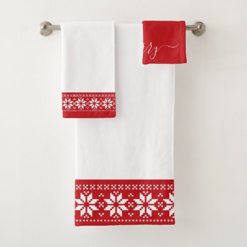Festive Red White Scandinavian Pattern Christmas Bath Towel Set