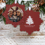 Festive Red White Snow Merry Christmas Photo Ornament Card<br><div class="desc">Your favorite family photo against a festive red with a flurry of white snow background pattern.  Merry Christmas in a modern calligraphy script just the touch for a unique gift and keepsake for all your best wishes during this holiday season.</div>